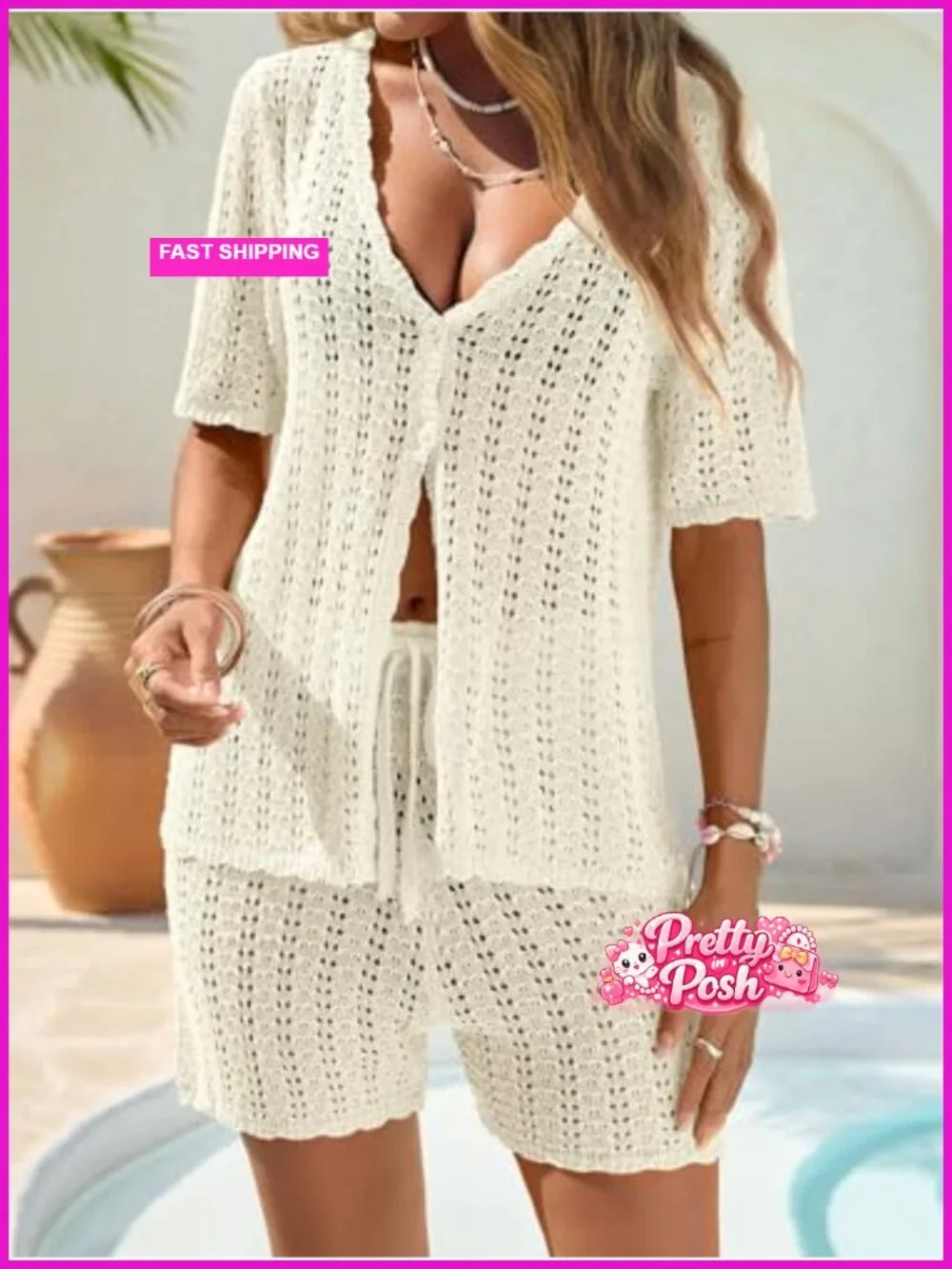 Women Crochet Knit 2 Piece Swimsuit Cover Up Short Sleeve Top & Shorts Set